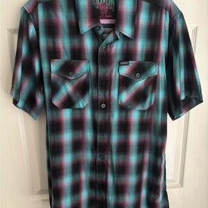DIXXON Black and Teal Plaid Button Down Shirt